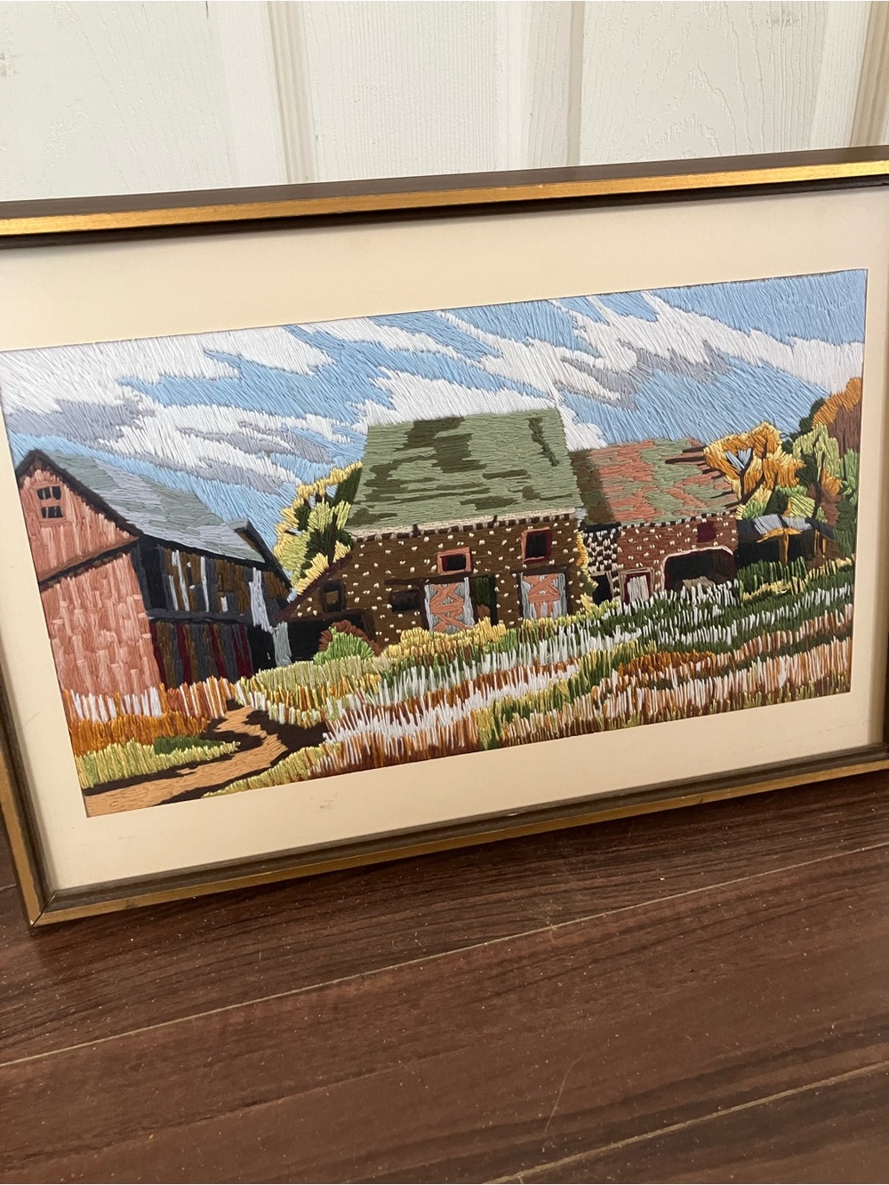 Farm Homestead Completed Crewel Long Stitch Embroidery Vintage Framed Picture